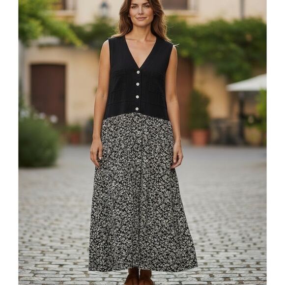 Carol Anderson II Vtg 1X Dress Black Floral Linen Blend USA Cottage Core Y2K - Picture 1 of 11